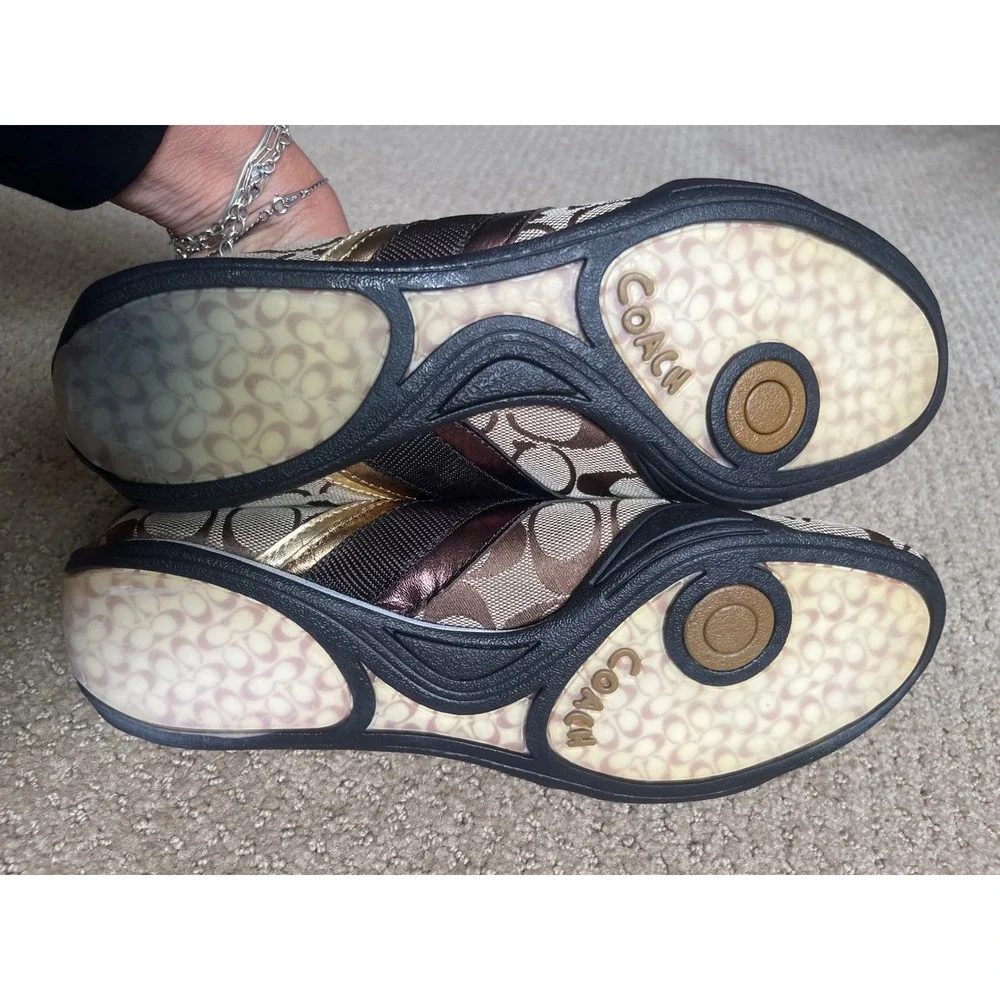 Coach Womens Signature Jacquard Sneakers Brown Gold Metallic Logo Shoes Low Top